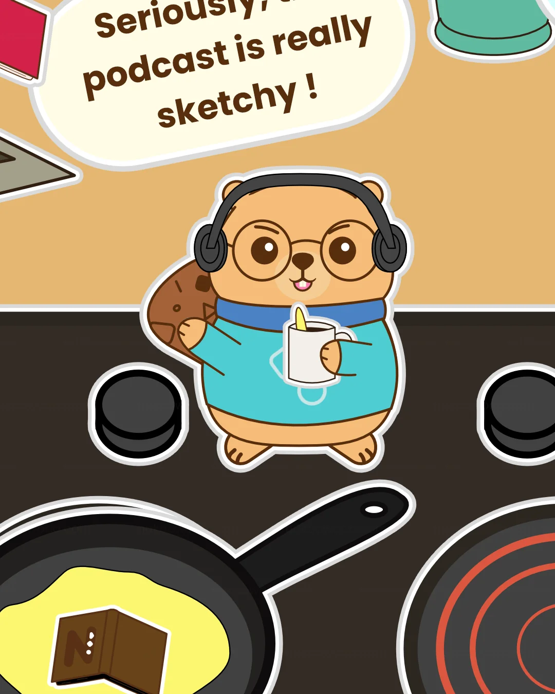 Episode 2 thumbnail for Nukoo's Little Things. Nukoo listens to a podcast while cooking. Illustration by o-okun.