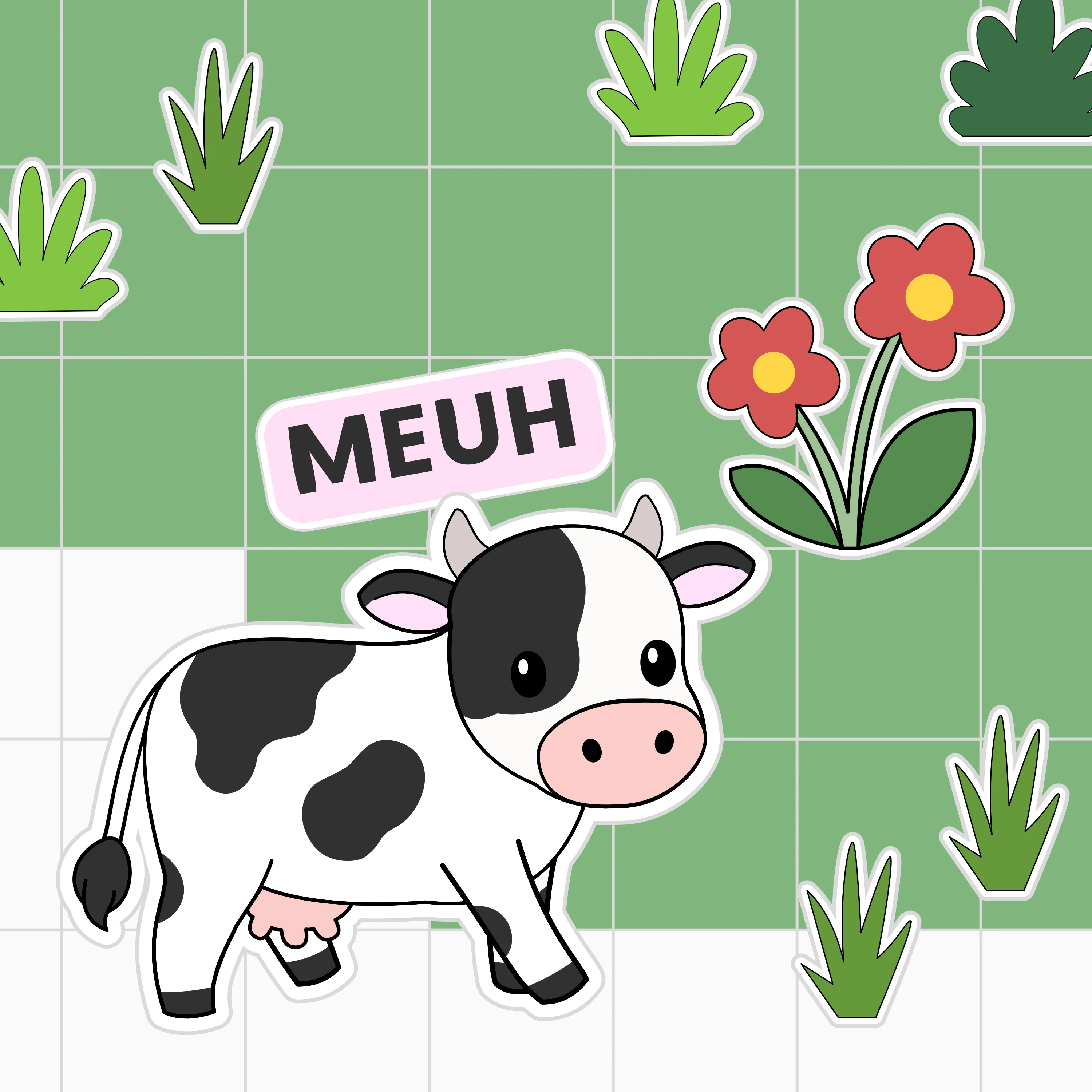 Main illustration for the game Daily Moo-ting by NukooWorld Studio, a cartoon cow with a “MEUH” speech bubble in a green flower-filled setting. Illustration by o-okun.