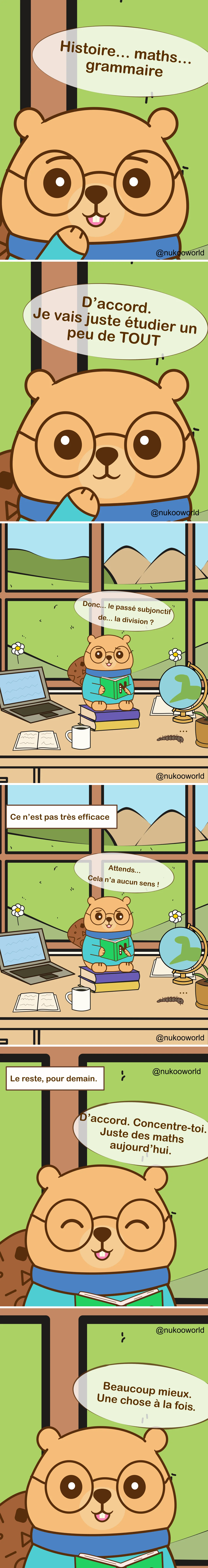 Une bande dessinée éducative verticale mettant en scène Nukoo, un petit castor portant des lunettes rondes et un pull bleu sarcelle, en train d’étudier dans une pièce lumineuse avec une grande fenêtre donnant sur des collines et des montagnes.
Case 1 : Gros plan sur Nukoo réfléchissant à différentes matières scolaires. Sa bulle indique « Histoire… maths… grammaire ».
Case 2 : Nukoo décide avec enthousiasme « D’accord. Je vais juste étudier un peu de TOUT ».
Case 3 : Nukoo est assis sur une pile de livres à son bureau avec un ordinateur portable, un carnet ouvert, une tasse de café et un globe. À l’extérieur de la fenêtre se trouvent des fleurs et des collines vertes. En regardant son livre avec confusion, il dit « Donc… le subjonctif passé de… la division ? », montrant que les matières se mélangent dans sa tête.
Case 4 : Une légende indique « Ce n’est pas très efficace. » Nukoo a l’air perplexe et dit « Attends… Ça n’a aucun sens ! »
Case 5 : Nukoo décide de changer de stratégie. Une légende indique « Le reste, pour demain. » Nukoo sourit et dit « D’accord. Concentration. Juste les maths aujourd’hui. »
Case 6 : Nukoo lit calmement avec une expression satisfaite et dit « Beaucoup mieux. Une chose à la fois. »
La bande dessinée illustre un principe d’apprentissage : essayer d’étudier plusieurs matières en même temps peut créer de la confusion, alors que se concentrer sur un seul sujet à la fois améliore la concentration et la compréhension. Illustration par o-okun.