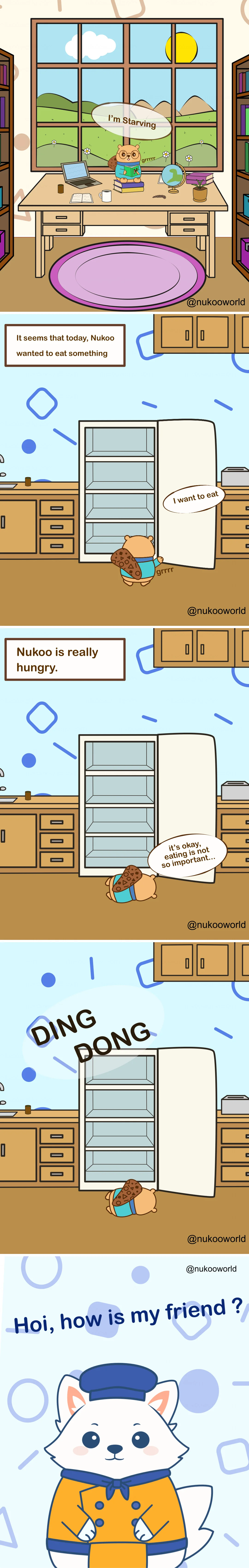 A multi-panel comic featuring Nukoo, a small beaver wearing glasses and a teal sweater, and Flowkï, a white fox chef wearing a blue hat and an orange jacket.
Panel 1: Nukoo sits at a wooden desk in a cozy room with bookshelves on both sides and a large window showing hills, clouds, and the sun outside. On the desk are a laptop, a notebook, a coffee mug, a small globe, and a plant. Nukoo holds his stomach and says « I’m starving » while a small stomach growling sound appears near him.
Panel 2: A caption reads « It seems that today, Nukoo wanted to eat something ». The scene moves to a kitchen. Nukoo opens a tall refrigerator, which is completely empty inside. Looking inside, he says « I want to eat » while his stomach growls.
Panel 3: A caption explains « Nukoo is really hungry. » Nukoo lies on the floor in front of the open fridge, exhausted from hunger. He says humorously « It’s okay, eating is not so important… » even though he clearly looks weak and hungry.
Panel 4: A loud sound appears in the kitchen: « DING DONG », indicating someone is ringing the doorbell while Nukoo is still lying on the floor near the open refrigerator.
Panel 5: Flowkï the fox appears on a blue patterned background, smiling warmly and speaking to the viewer. His speech bubble reads « Hoi, how is my friend ? »
The comic sets up a humorous situation where Nukoo is extremely hungry with an empty fridge, just as his friend Flowkï arrives. Illustration by o-okun.