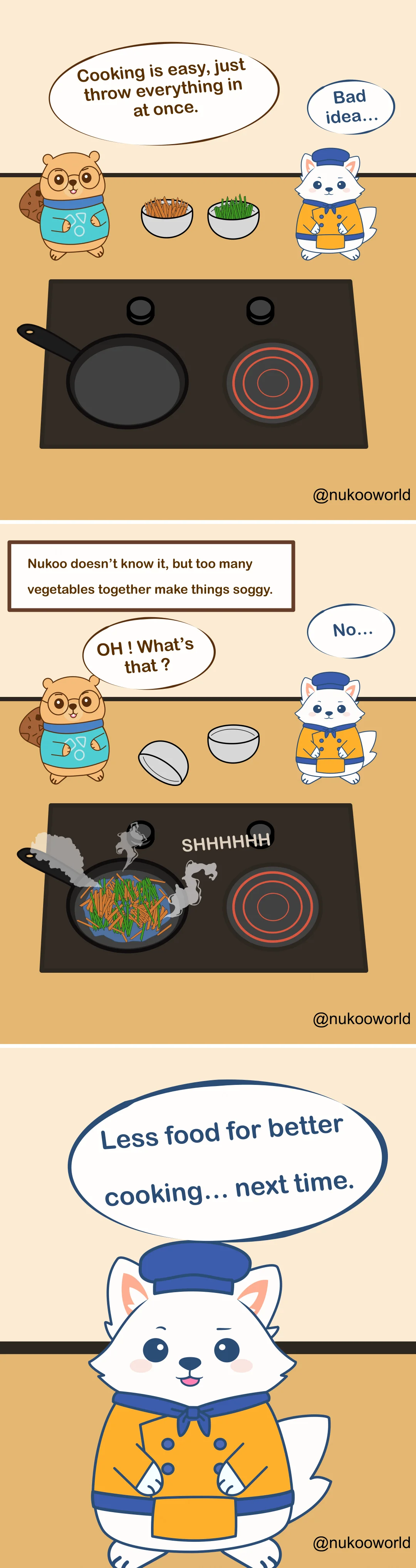 A colorful educational cooking comic featuring Nukoo, a small beaver wearing round glasses and a teal sweater with cooking icons, and Flowkï, a white fox dressed as a chef with a blue hat and an orange jacket. They stand beside a stovetop with a frying pan.
Panel 1: Nukoo stands confidently in front of the stove with two bowls of vegetables, one with thin carrot sticks and another with green vegetables. He says « Cooking is easy, just throw everything in at once. » Flowkï replies with concern « Bad idea… »
Panel 2: A caption reads « Nukoo doesn’t know it, but too many vegetables together make things soggy. » Nukoo looks curious and says « OH! What’s that? » while the bowls are tipped toward the pan. Flowkï reacts nervously with « No… »
Panel 3: The vegetables are now all in the frying pan at the same time. Steam rises as they cook crowded together, making a loud sizzling sound « SHHHHHH ». The vegetables appear wet and packed tightly, suggesting they are steaming instead of sautéing.
Panel 4: Flowkï appears close to the viewer and explains the lesson with a speech bubble that reads « Less food for better cooking… next time. »
The comic teaches a basic cooking technique: overcrowding a pan with too many vegetables at once traps moisture, preventing proper browning and causing food to become soggy instead of sautéed. Illustration by o-okun.