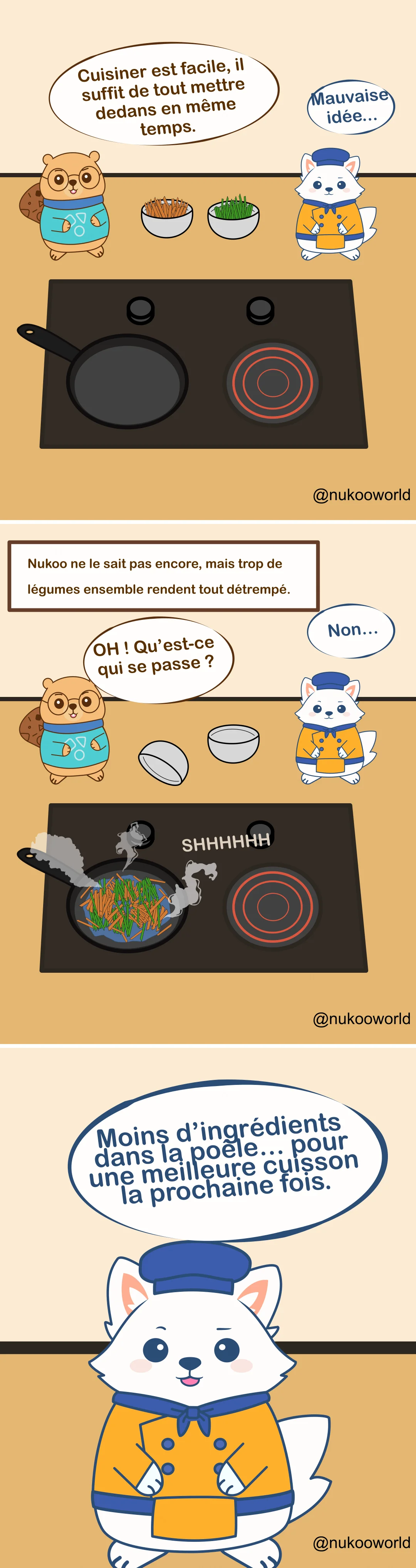 Une bande dessinée éducative colorée sur la cuisine mettant en scène Nukoo, un petit castor portant des lunettes rondes et un pull bleu sarcelle décoré d’icônes de cuisine, et Flowkï, un renard blanc habillé en chef avec un chapeau bleu et une veste orange. Ils se tiennent près d’une cuisinière avec une poêle.
Case 1 : Nukoo se tient avec assurance devant la cuisinière avec deux bols de légumes, l’un avec de fines bâtonnets de carotte et l’autre avec des légumes verts. Il dit « Cuisiner, c’est facile, il suffit de tout jeter en même temps. » Flowkï répond avec inquiétude « Mauvaise idée… »
Case 2 : Une légende indique « Nukoo ne le sait pas, mais trop de légumes ensemble rendent la cuisson détrempée. » Nukoo regarde avec curiosité et dit « OH ! C’est quoi ça ? » pendant que les bols se penchent vers la poêle. Flowkï réagit nerveusement « Non… »
Case 3 : Les légumes sont maintenant tous dans la poêle en même temps. De la vapeur monte pendant qu’ils cuisent serrés les uns contre les autres, produisant un fort grésillement « SHHHHHH ». Les légumes paraissent humides et entassés, ce qui montre qu’ils cuisent à la vapeur plutôt qu’ils ne sautent.
Case 4 : Flowkï apparaît près du lecteur et explique la leçon avec une bulle qui dit « Moins d’aliments pour une meilleure cuisson… la prochaine fois. »
La bande dessinée enseigne une technique de cuisine simple : lorsqu’on met trop de légumes dans une poêle, l’humidité reste piégée, ce qui empêche la bonne coloration et rend les aliments mous au lieu d’être bien sautés. Illustration par o-okun.
